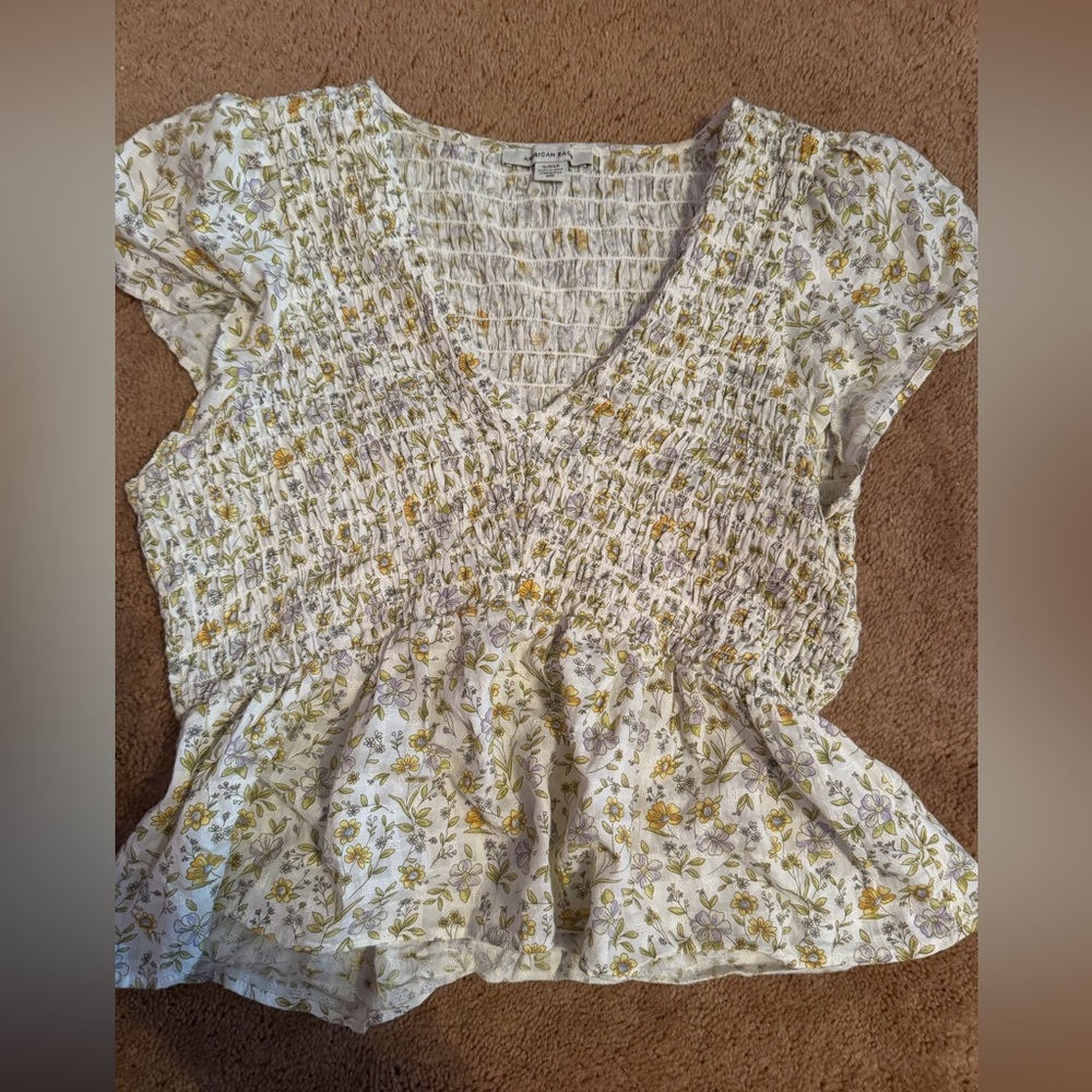 American Eagle Outfitters White and Yellow Floral Blouse